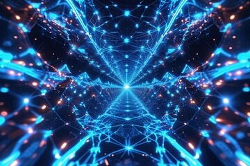 Futuristic Neon Web: Vibrant Electric Blue Kaleidoscopic Shapes in a Digital Environment