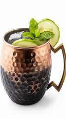 Chilled Moscow Mule Cocktail in Copper Mug with Lime and Mint Garnish on Bar Counter