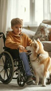 Happy disabled teenager playing with his dog at home. Human animal friendship concept