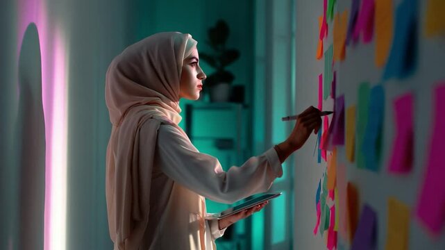Visionary Muslim Woman at Work: An elegant, modest woman, clad in a hijab, meticulously plans, sketching ideas onto a wall of colorful sticky notes in a modern, well-lit office space.