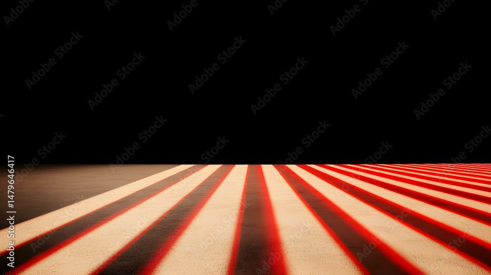 Poster a beige surface with parallel red stripes receding into a dark background.