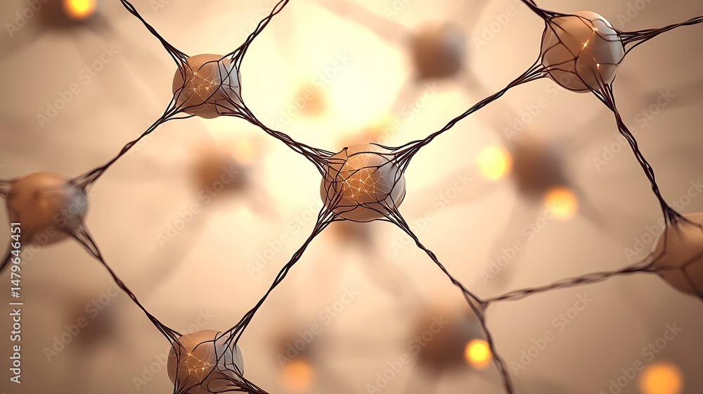 Poster the image shows a microscopic network of interconnected neurons, their cell bodies glowing softly, l