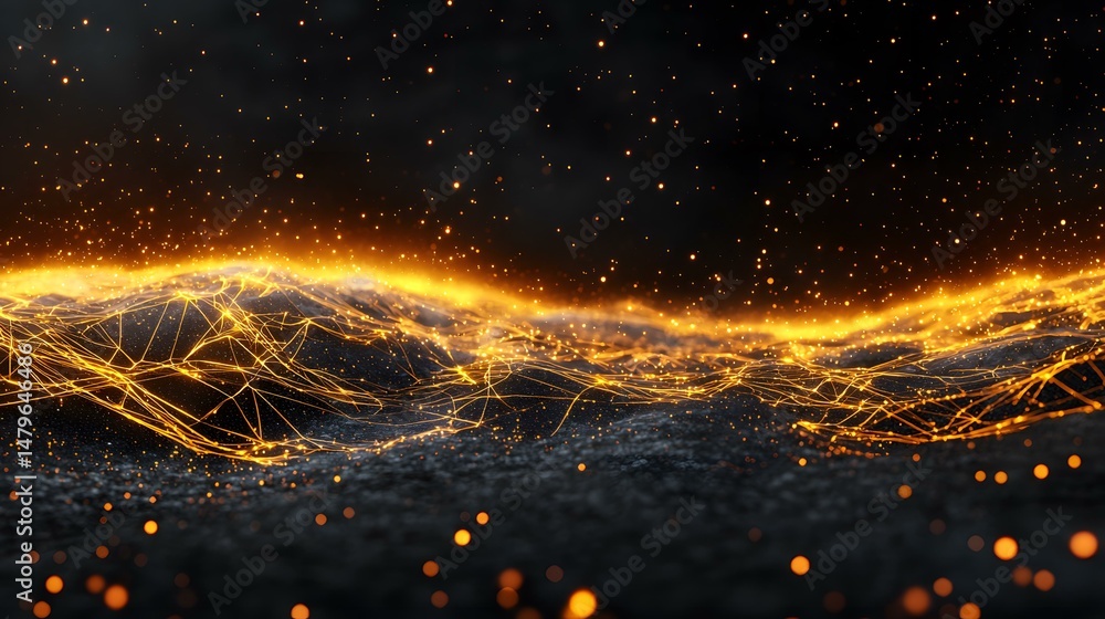 Poster the image shows a dark, textured surface with a network of glowing orange lines forming a wave-like 