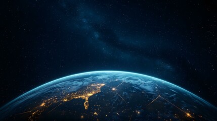 Obraz premium The image shows a view of Earth from space at night, with city lights illuminating the landmasses and a starry backdrop showing the Milky Way.A medium description sentence: From space, Earth's glowi