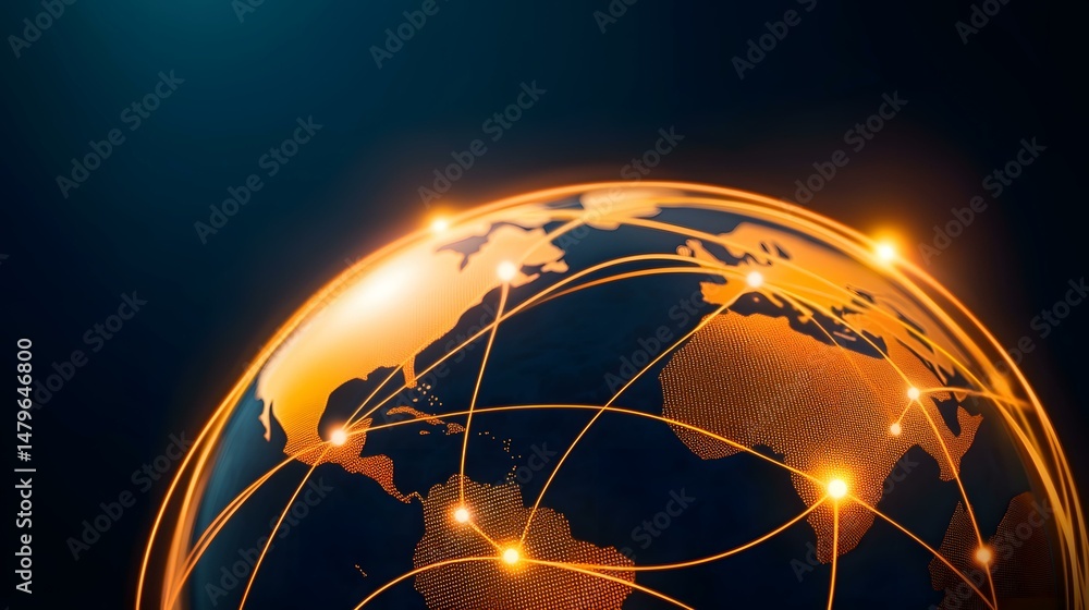 Aufkleber the image shows a stylized, glowing globe with orange lines connecting various points across its sur