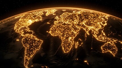 A nighttime view of Earth, showcasing the global network of interconnected city lights, highlighting the extent of human civilization and technological reach across continents.