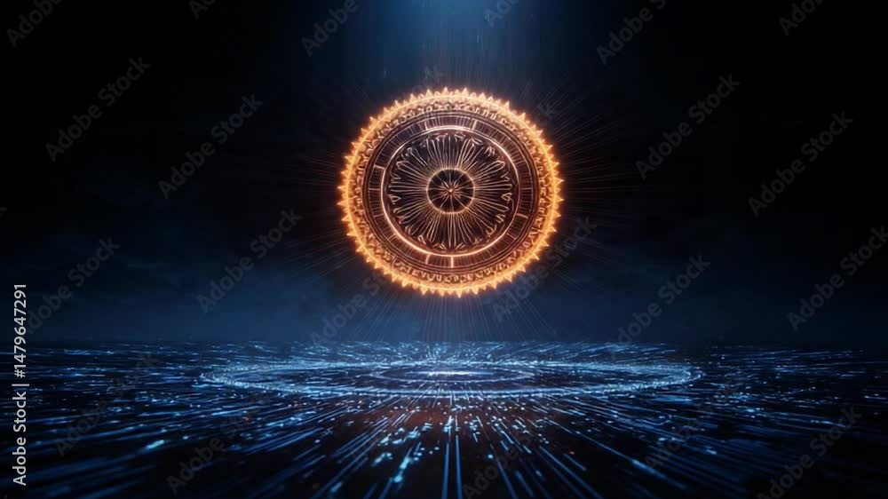 Poster mystical tech sphere: a mesmerizing image of an abstract tech sphere glowing with intricate light pa