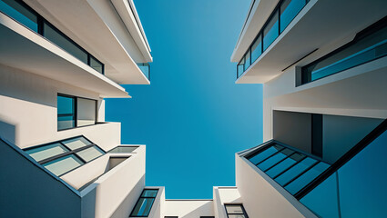 Modern apartment buildings framing clear blue sky, low angle view