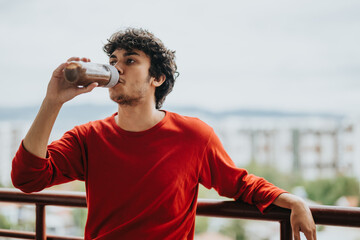 A young man in a red sweater enjoys a refreshing smoothie while standing on a balcony, overlooking...