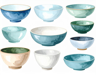 A set of bowls in different shapes and sizes painted in muted colors.