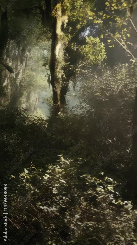 Poster tranquil forest scene with dense green foliage and dappled sunlight filtering through the trees in p