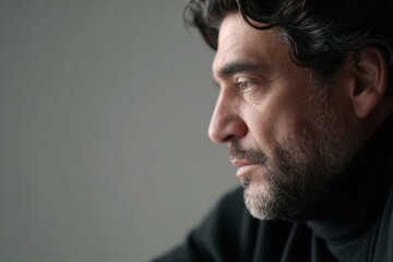 Fototapeta premium portrait of thoughtful philologist on right side of frame his face expressing concentration and depth of thought