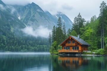 Fototapeta premium Spectacular mountain view with a lakeside cabin surrounded by lush greenery and misty peaks