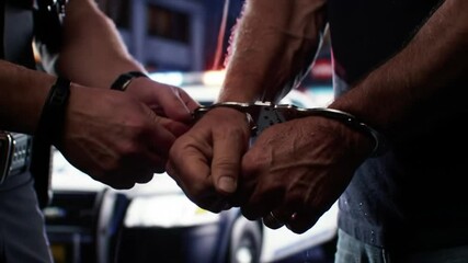 Officers take a suspect into custody late at night in an urban area. The scene shows handcuffs being applied as police cars illuminate the surroundings
