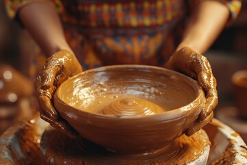 Crafting a beautiful bowl on the potter's wheel by a skilled woman during a golden sunset in a bright studio