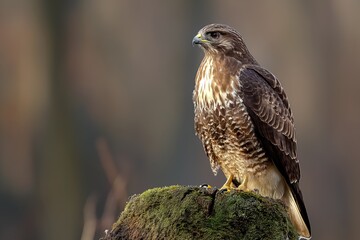 Buzzard Buteo perches gracefully on a mossy stump in a serene forest setting during late afternoon light
