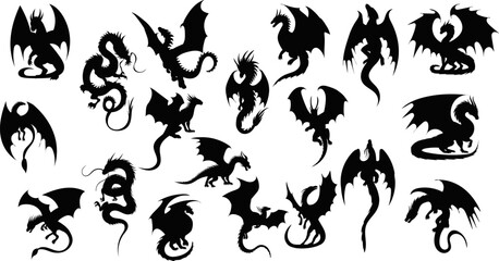 set of winged dragons silhouette, vector