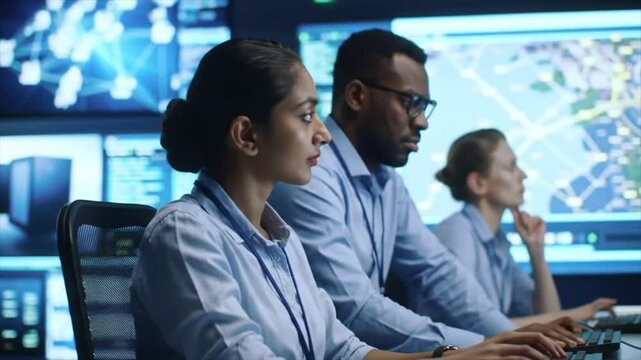 A diverse group of professionals focuses intently on their tasks in a high-tech control room. They analyze data and monitor cybersecurity systems, showcasing teamwork and collaboration in real time - Powered by Adobe