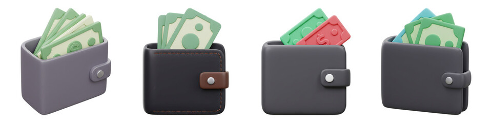 Wallet Icons &ndash; Cash Filled 3D Wallets &ndash; PNG Clipart Set