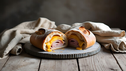 Cheesy beef and ham stuffed bread with on rustic wooden table