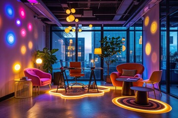 Whimsically Illuminated Office Space with Playful Light Spots and Chic Furnishings