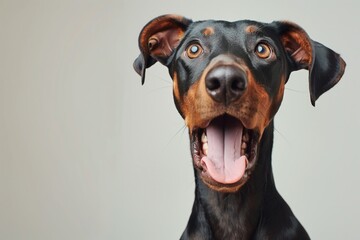 Surprised German Pinscher with expressive features gazing at the camera in a neutral backdrop