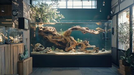 Large aquarium display with a driftwood centerpiece.