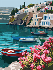 Scenic illustration of a Greek seaside village with traditional white houses, colorful boats on calm turquoise water and blooming pink flowers. Perfect for travel or summer themed designs.
