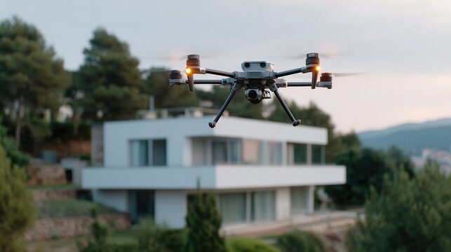 A visually striking drone embedded with intelligent algorithms performs a systematic patrol its sensors glowing softly as it scans the ground below meticulously adhering to invisible