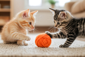 Fototapeta na wymiar Two kittens play with a ball of yarn on a carpet. The kittens have different coat colors. It is a cute domestic scene filled with curiosity.