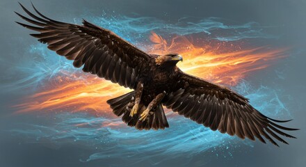 Fototapeta premium Golden eagle soars in the swirling sky of fire and ice