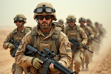 Desert platoon Determined soldiers march forward