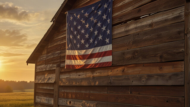 American flag on old barn with wooden fence and rustic cabin under a clear sky - Powered by Adobe