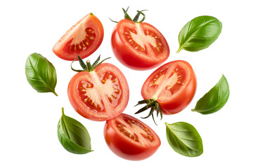 Fresh Red Tomatoes and Basil Leaves Falling on White Background