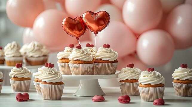 Romantic dessert table decorated with heart-shaped balloons and delicious cupcakes