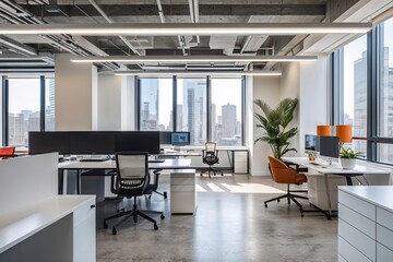 Fototapeta premium Contemporary Office Interior Design in an Urban Setting with Bright Organized Workstations and White Surfaces