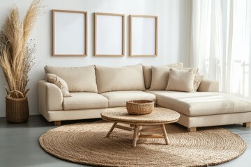 Boho style interior featuring a frame and poster mockup, created using 3d rendering and 3d illustration