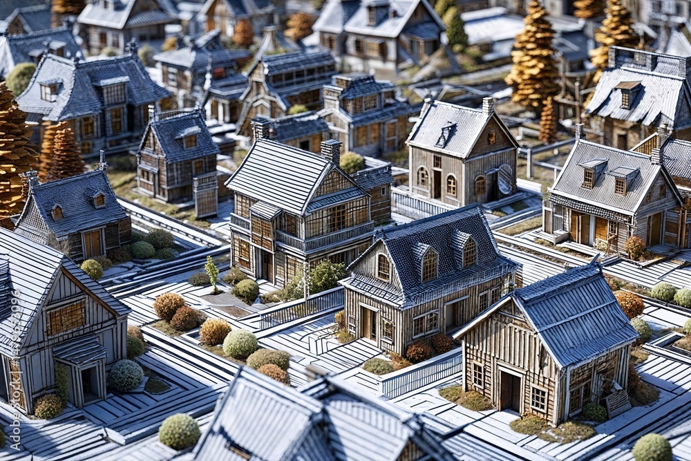 Poster detailed 3d wireframe village scene with comprehensive building layout