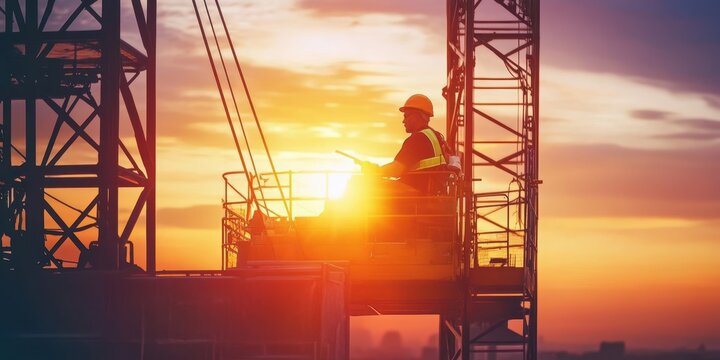Heavy Machine Operator. Construction Engineer Operating Crane in Beautiful Sunset Background