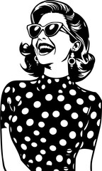 Obraz premium Black and White Retro Illustration of Laughing Woman with Polka Dots
