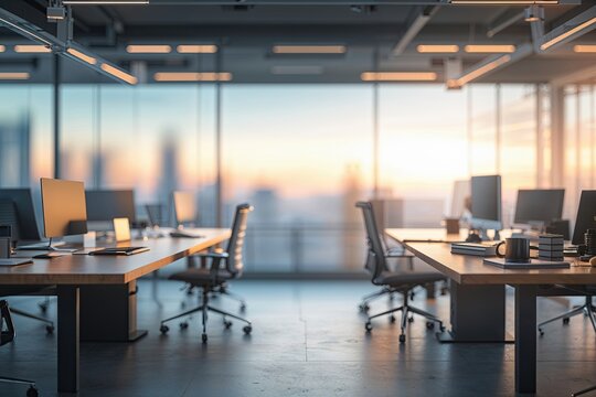 Tranquil Blurred Office View Boosting Illumination and Efficiency in a Professional Environment