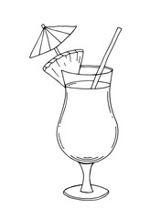  Hand drawn Pina Colada cocktail, with pineapple decorations, umbrella, sraw.