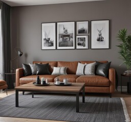 Chic contemporary living & dining area  Brown leather couch, dark wood table  Grey walls display black & white prints ,  modern decor,  modern interior