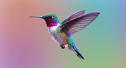 Naklejka premium Jeweltoned hummingbird in flight against a pastel gradient backdrop
