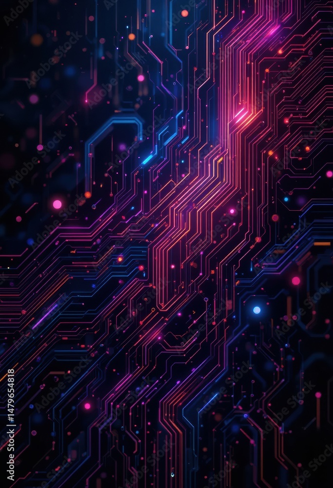 Poster abstract circuit board: neon glowing lines and nodes