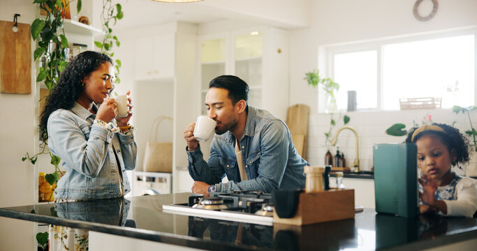 Family, smile and drinking coffee in home with child, communication and conversation in kitchen. Man, woman and daughter with tablet in house for gossip, support or breakfast discussion with mug