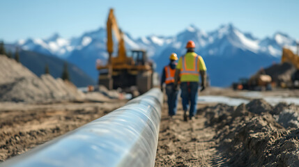 Construction site with pipeline and workers. Yellow excavator in the background. Mountains in the distance. Hard hats and vests. Under construction