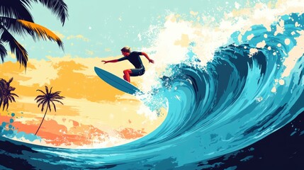 Artistic illustration of surfer riding massive wave on a surfboard with tropical palm trees at sunset background