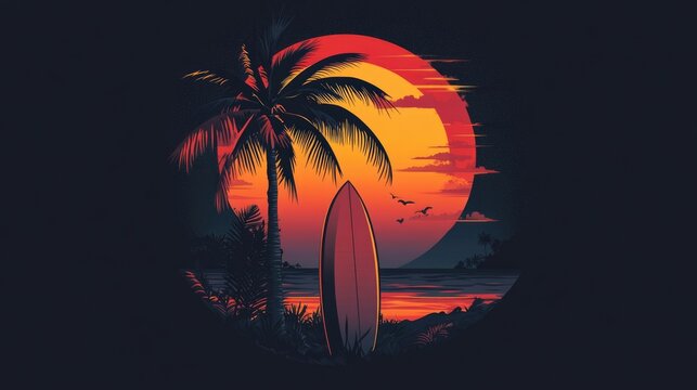 Retro style surfboard and palm tree silhouette against sunset circle background