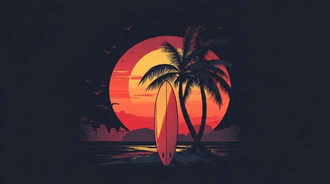 Retro style surfboard and palm tree silhouette against sunset circle background